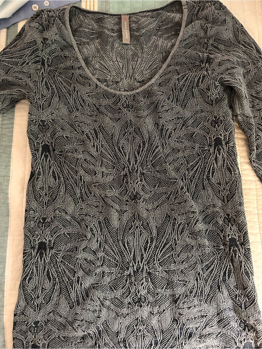 Gray- Blue Patterned Scoop Neck Women's Top